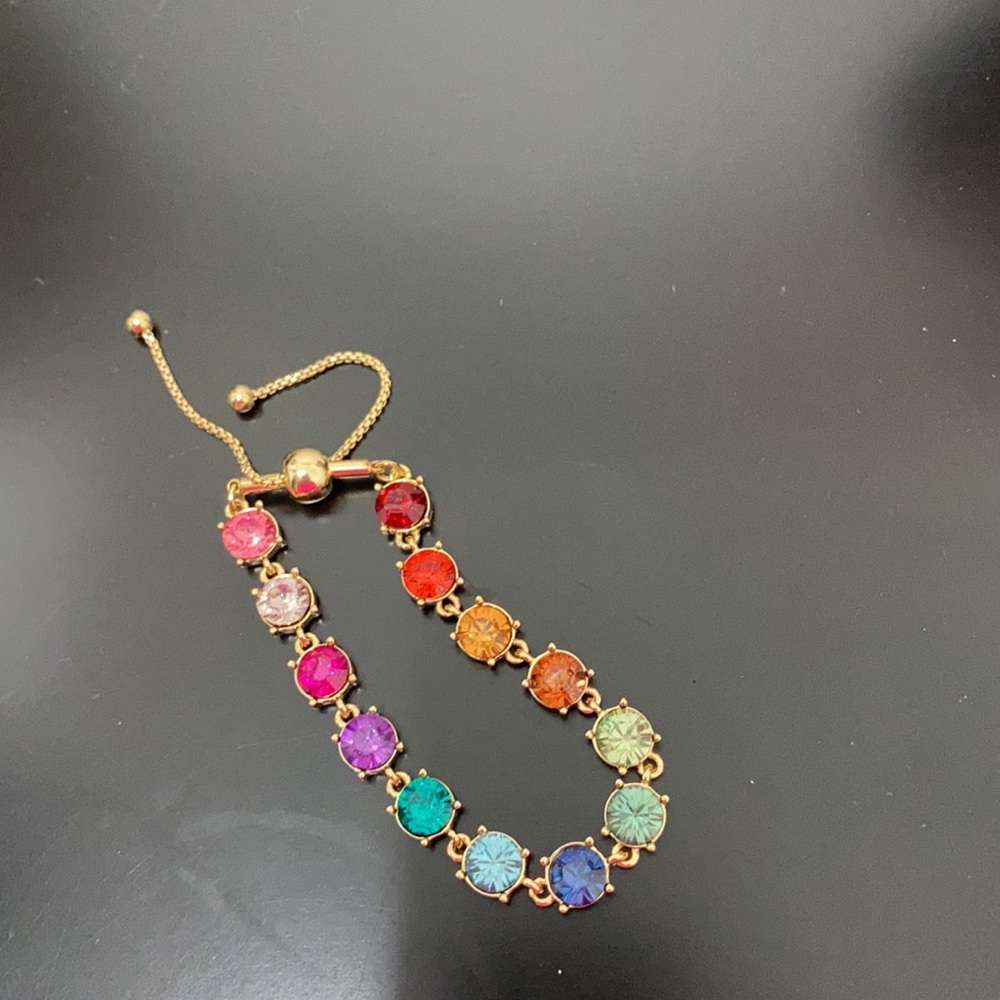 Multi Colored rainbow Gemstone Pull cord metal Bracelet NWOT